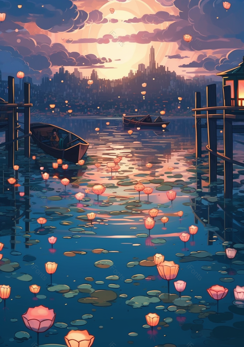 夕阳下的湖面荷花荷叶船只远处的城,插画/手绘图,插画/手绘图库,插画/手绘图下载,插画/手绘